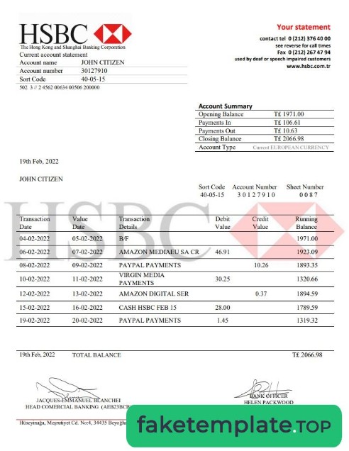 Feature of fake Turkey HSBC bank statement